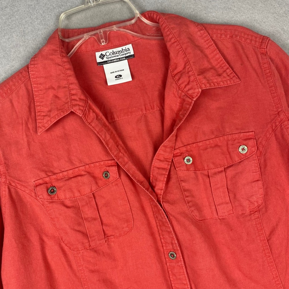 Columbia Amanda Lane Linen Blend Roll Tab Button Up Shirt Coral Red XL AL7490